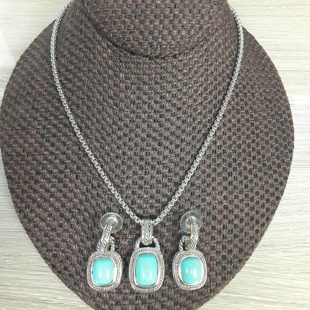 Turquoise colored Silver Gold Two Tone Dangle half hoops Earrings and Necklace